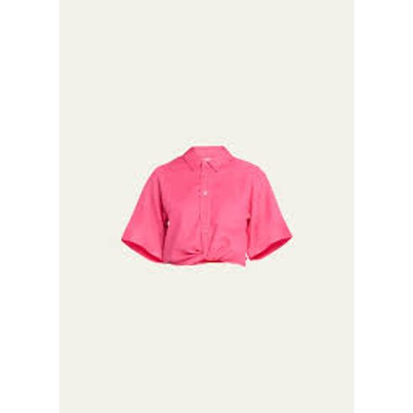 FRAME Denim Cropped Twist Front Shirt Linen Pink Flamingo LWSH2828-FLAM Small S - Picture 7 of 8